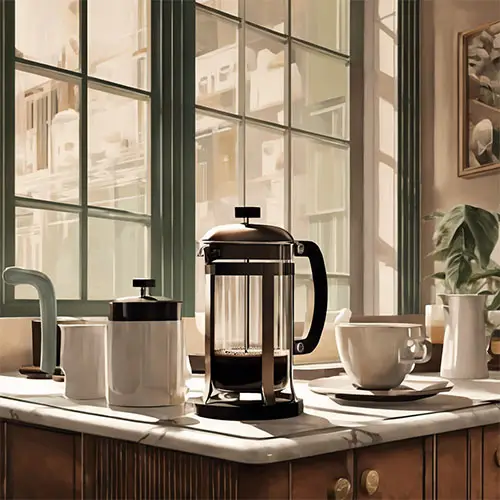 french press in front of a kitchen window