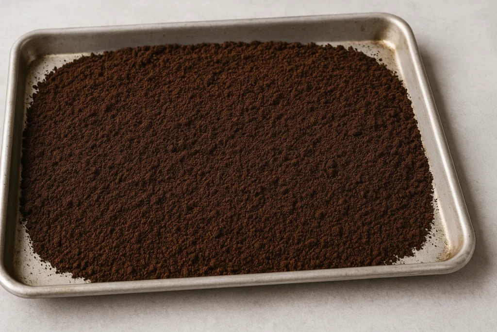 Dried coffee grounds on a baking sheet ready for storage.