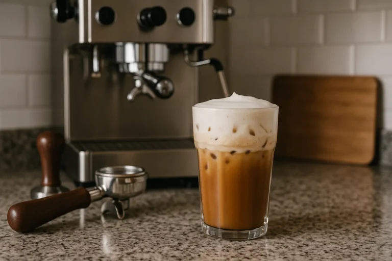 iced flat white on barista counter