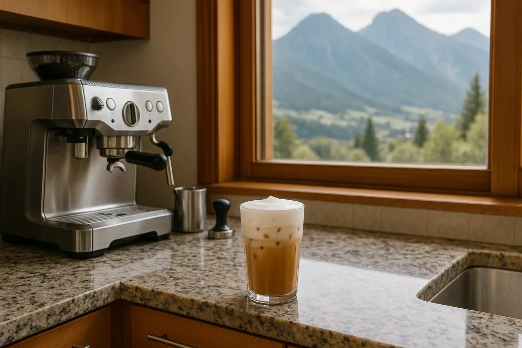 iced flat white overlooking mountains