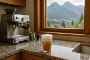 iced flat white overlooking mountains