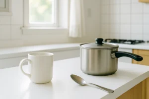 luke warm coffee on white counter with pot