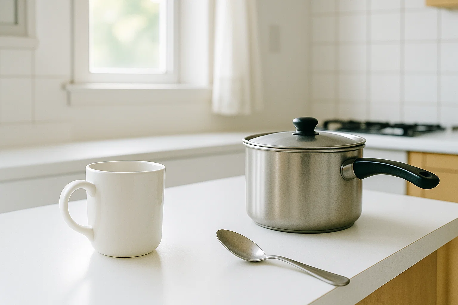 luke warm coffee on white counter with pot