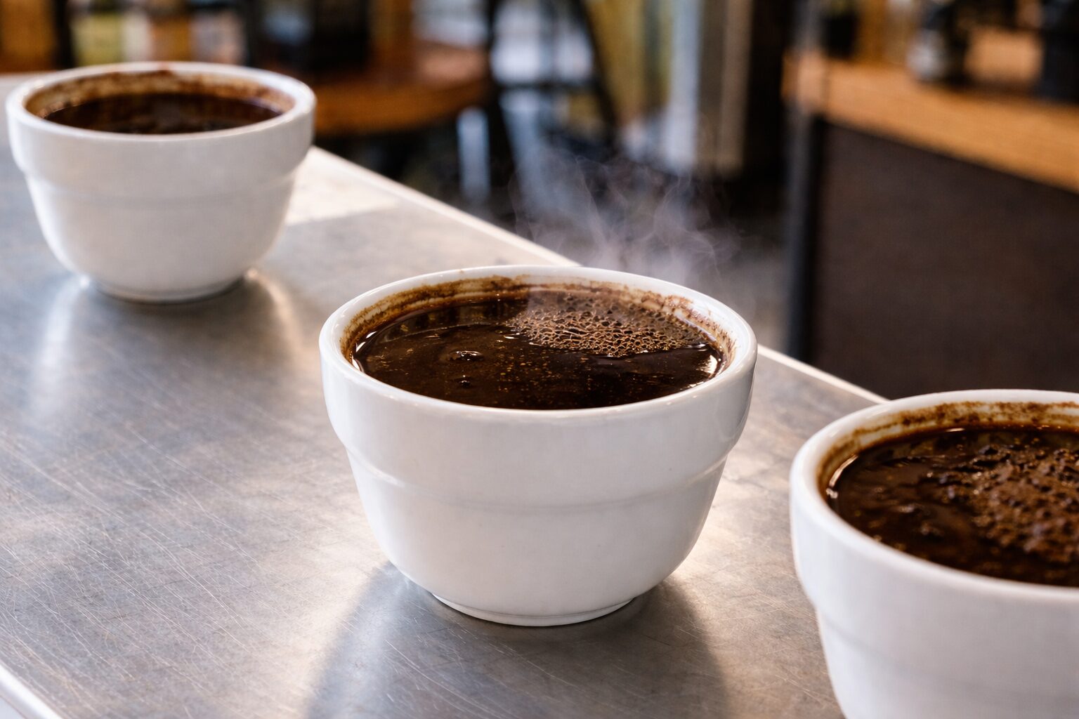 Three coffee cups showing different coffee origins side by side on a tasting board