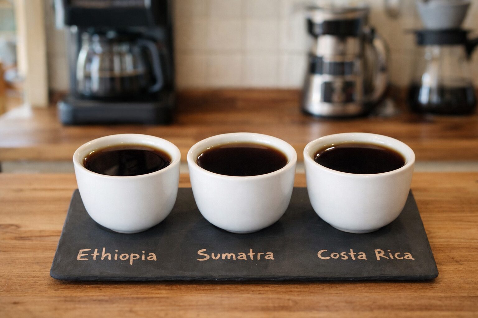 Three coffee cups showing different coffee origins side by side on a tasting board