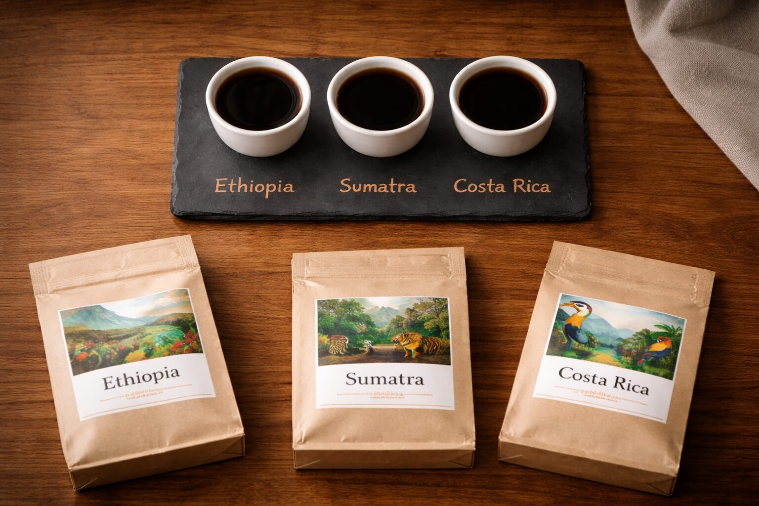Three coffee cups showing different coffee origins side by side on a tasting board