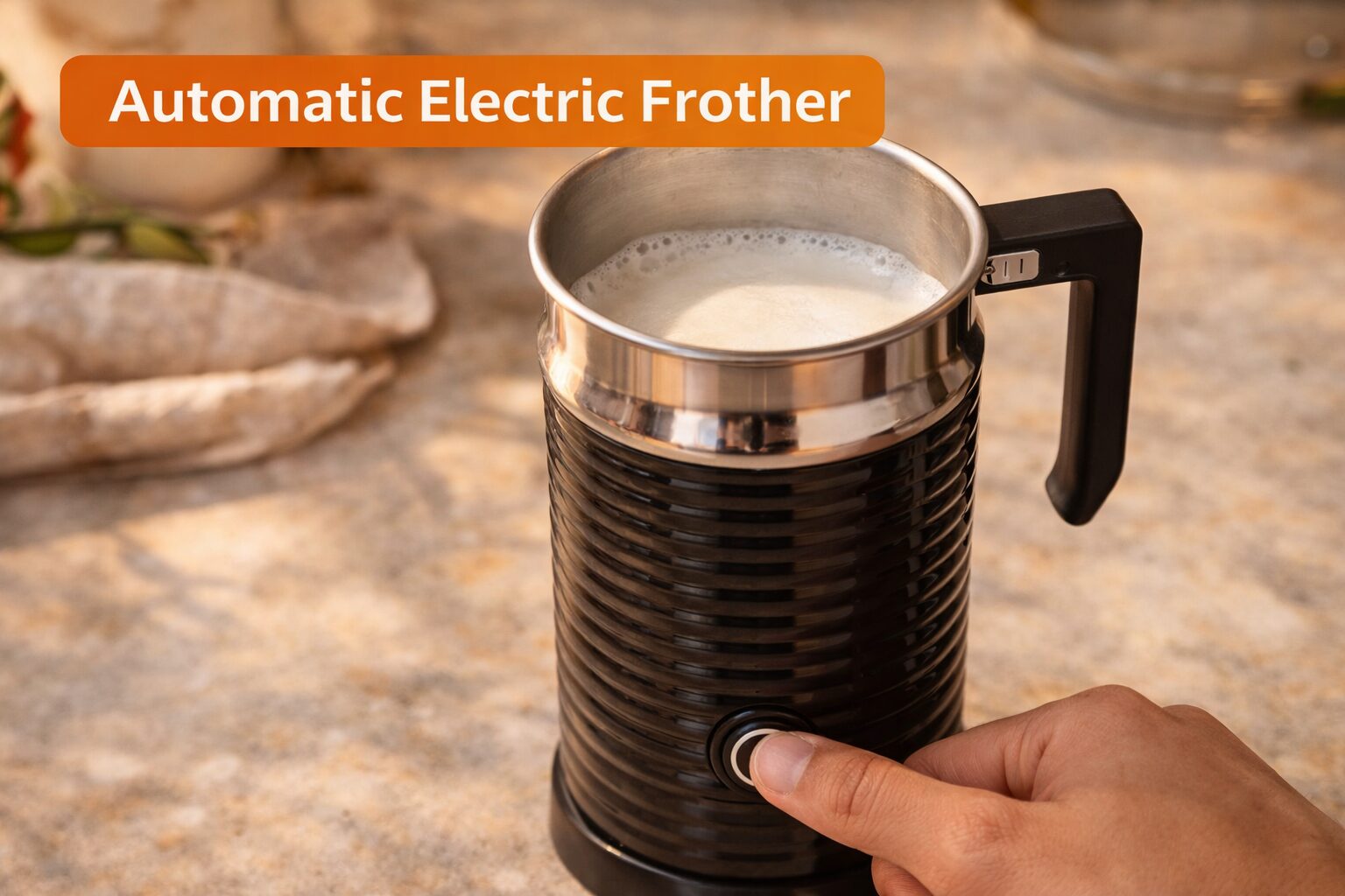 Automatic electric milk frother on a kitchen counter
