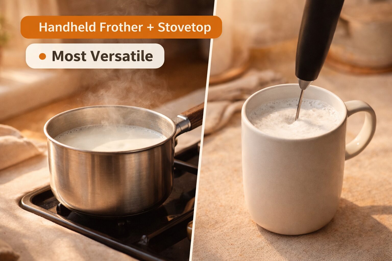 Frothing milk with a handheld wand on a sunny kitchen counter