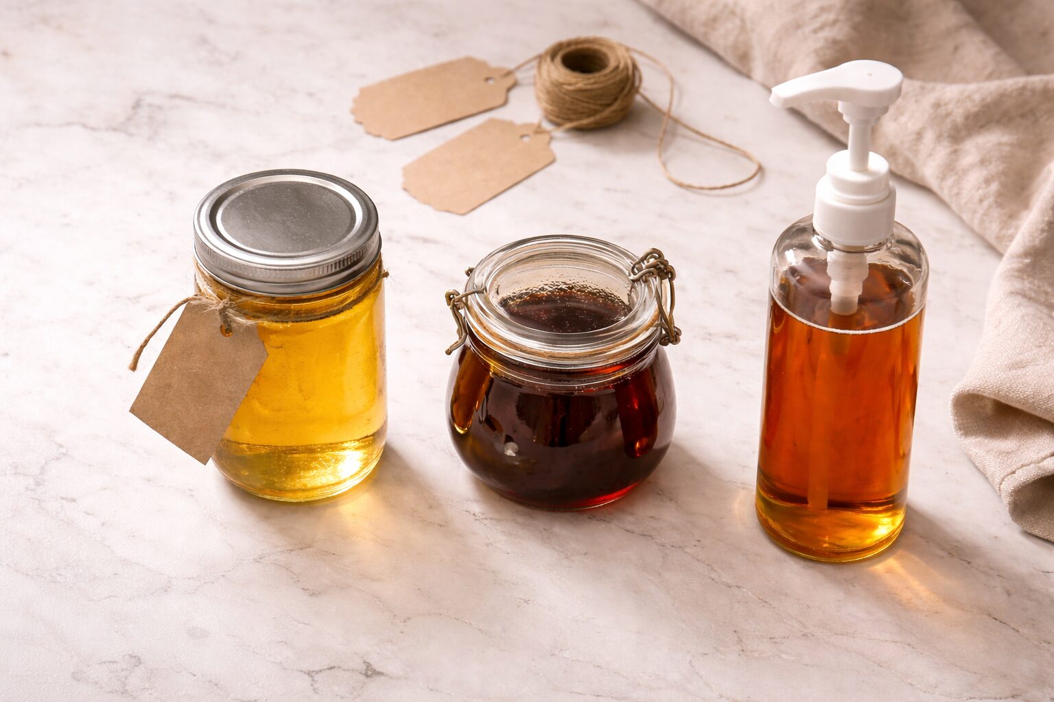 Homemade coffee syrups stored in glass bottles and jars
