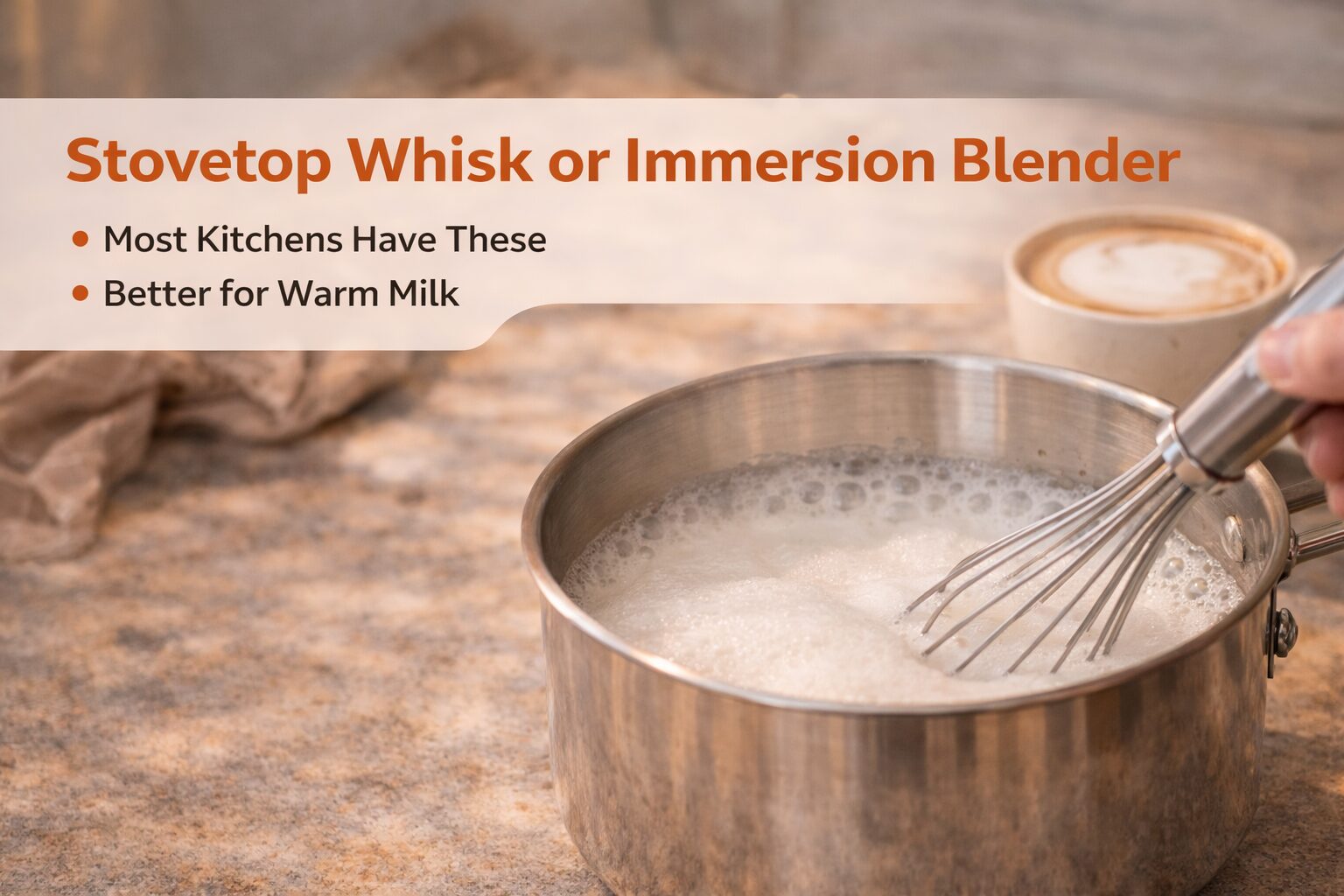 Whisking milk on the stovetop to create foam without a frother