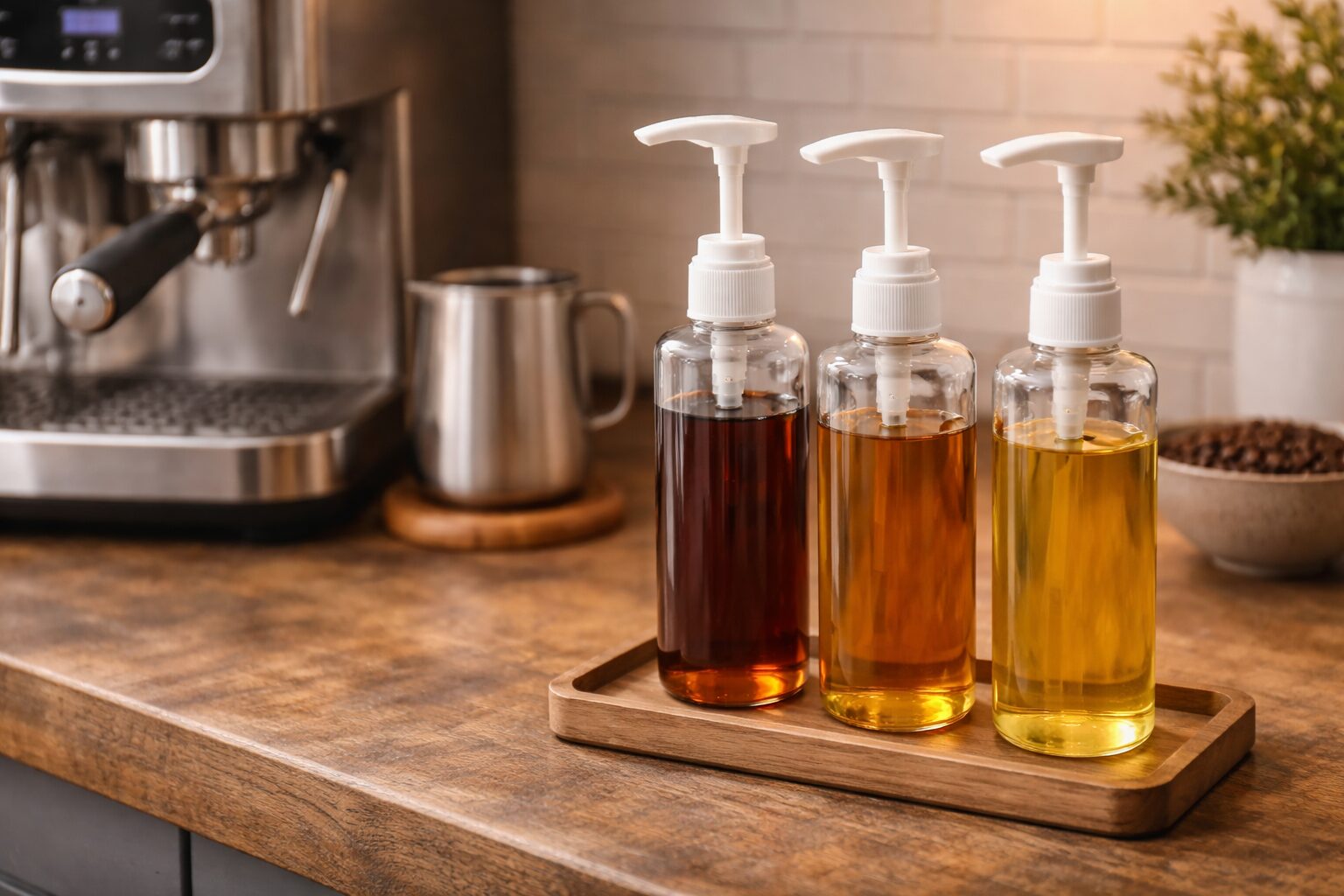 Homemade latte syrups in glass bottles on a kitchen counter