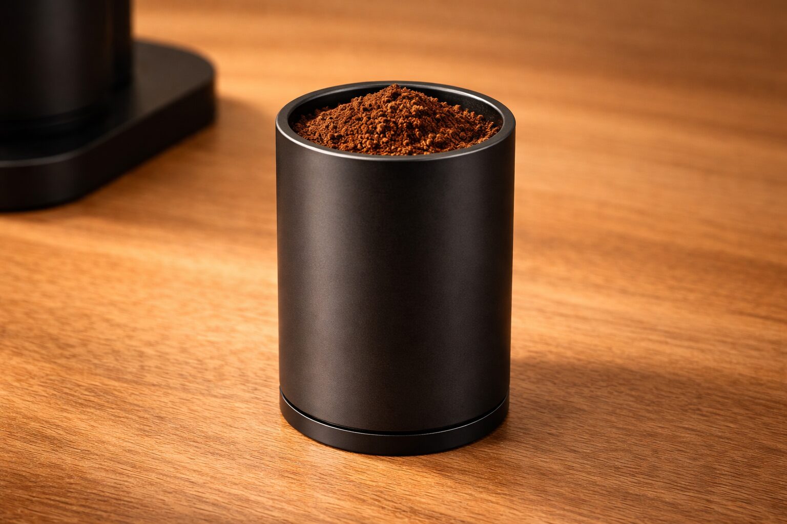 Close-up of the Viesimple Gen 4 magnetic dosing cup filled with freshly ground coffee