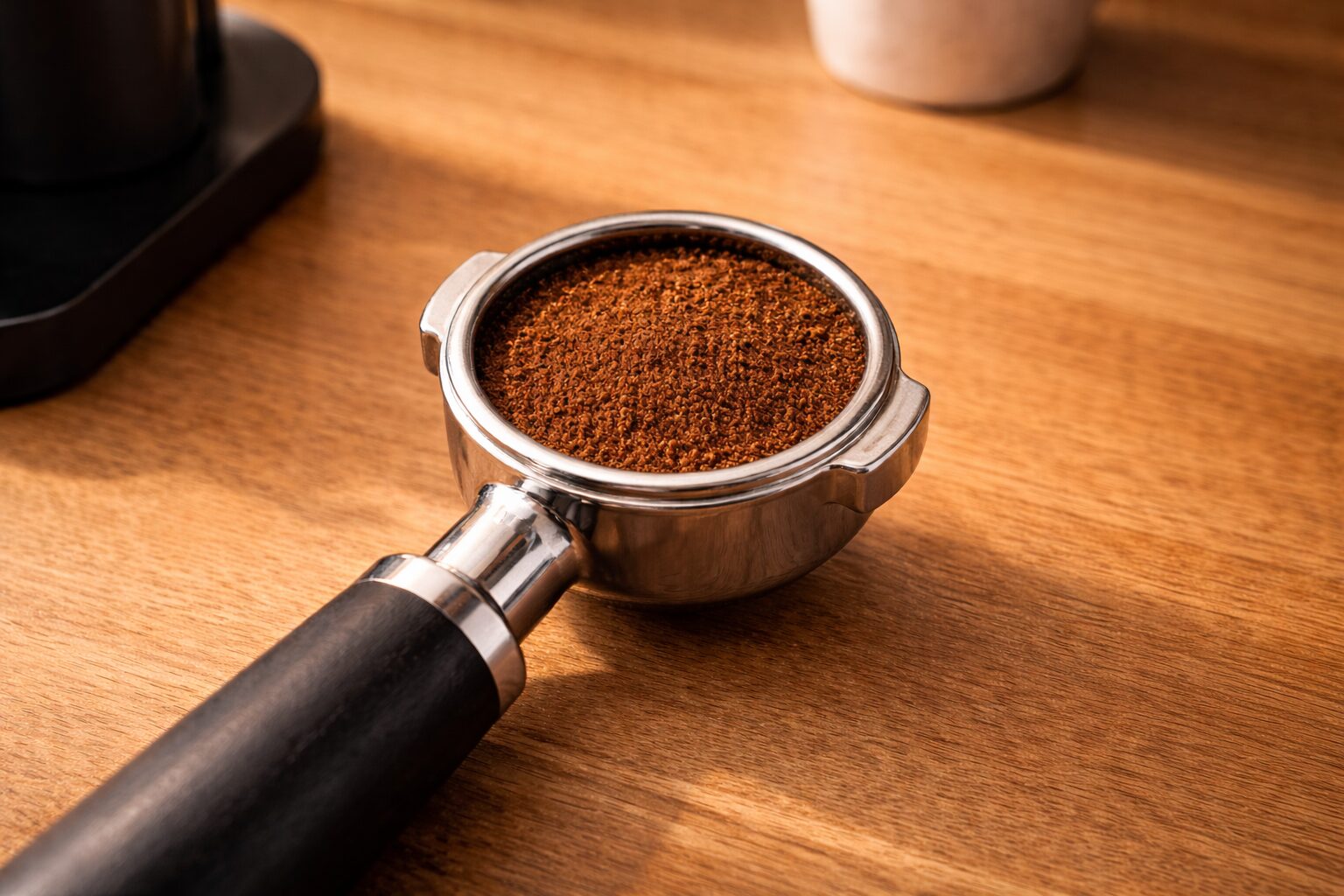 Overhead view of freshly ground espresso coffee in a bottomless portafilter from the Viesimple Gen 4 grinder