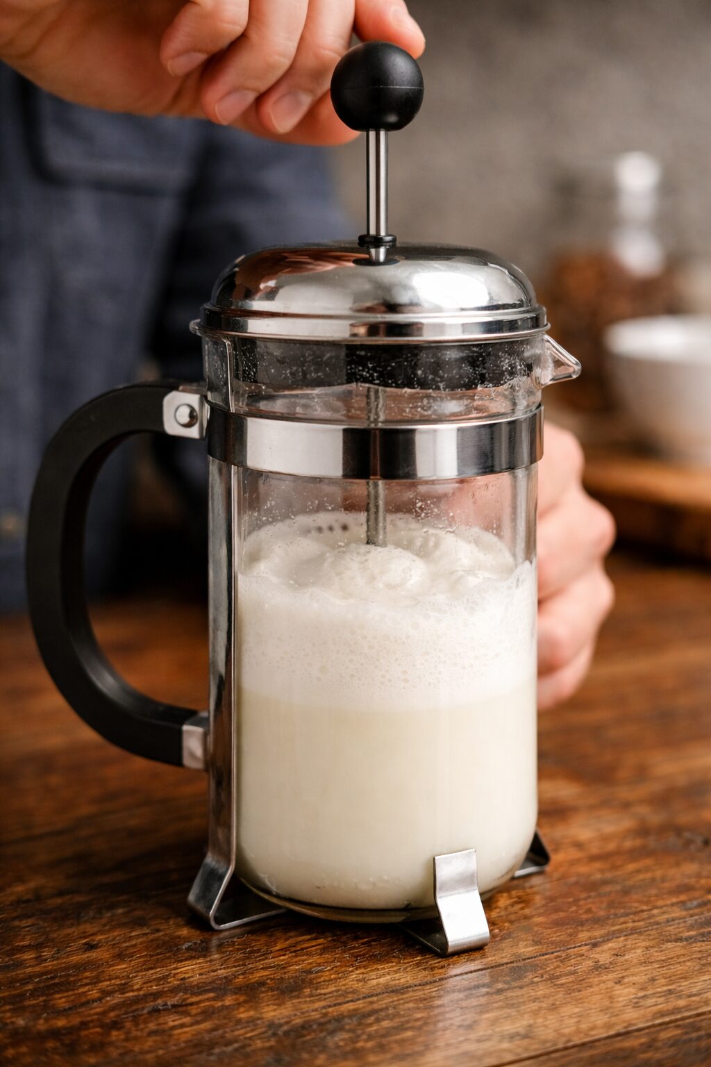 French press method of frothing milk — plunger pumping through heated milk