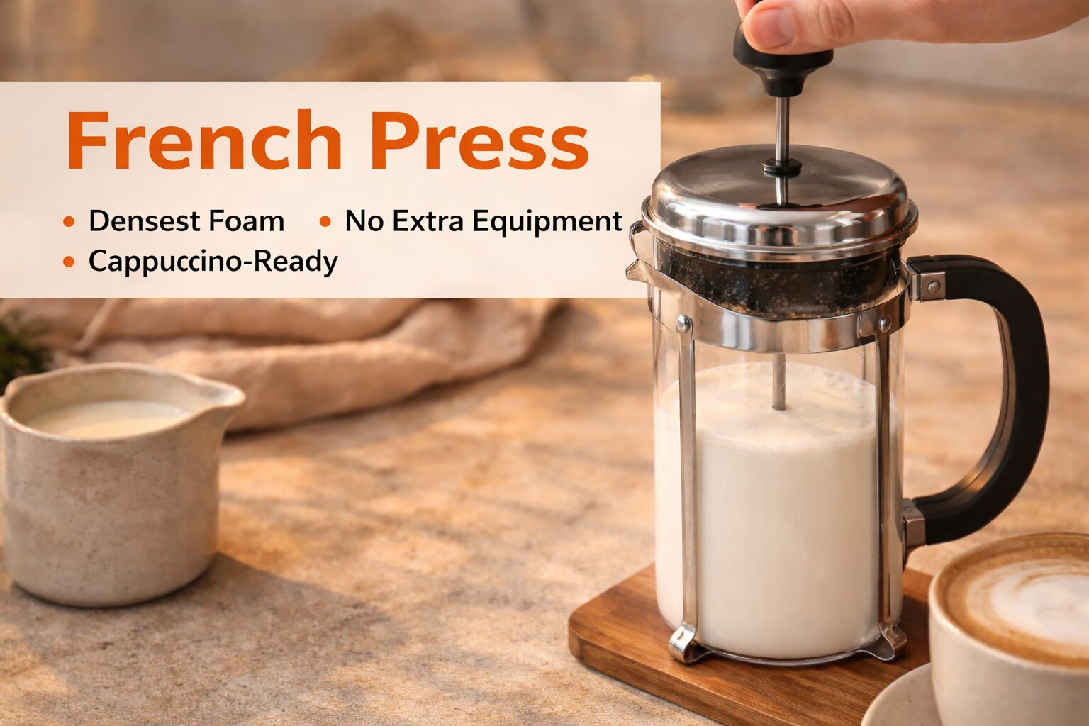 Frothing milk using a French press plunger method