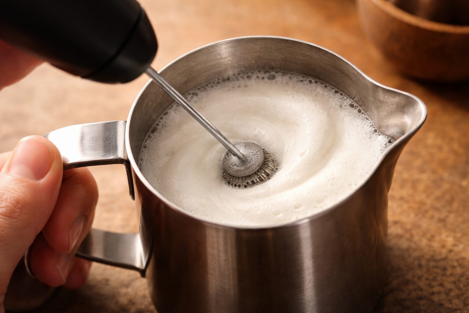 Using a handheld milk frother to create foam at home