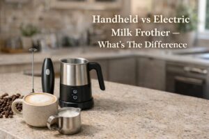 Handheld milk frother and electric milk frother side by side with a foamy latte