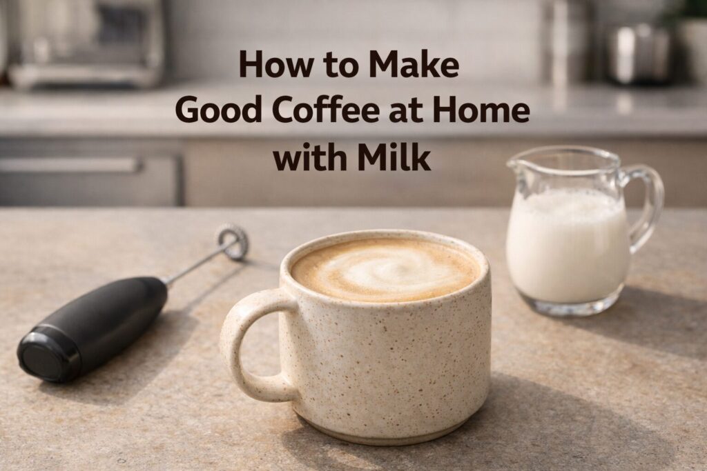 A latte with steamed milk and a handheld frother on a wooden surface — how to make good coffee at home with milk