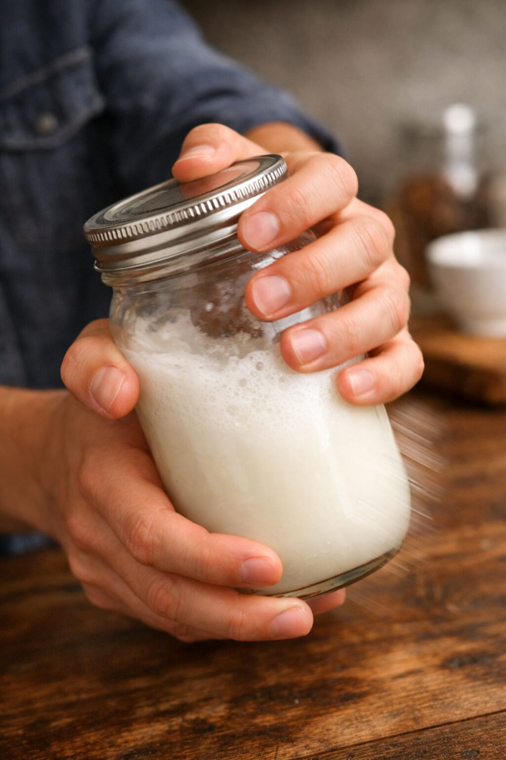 Jar method of frothing milk — shaking cold milk in a sealed mason jar