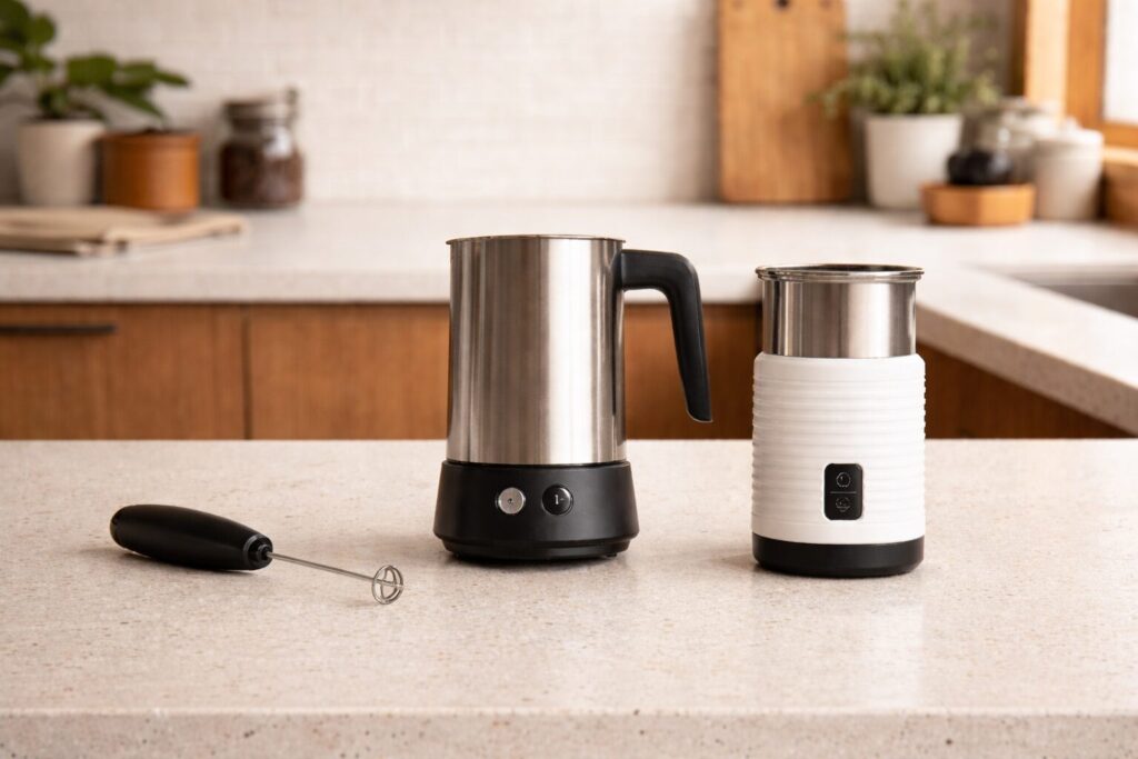 modern milk frothers on quartz countertop