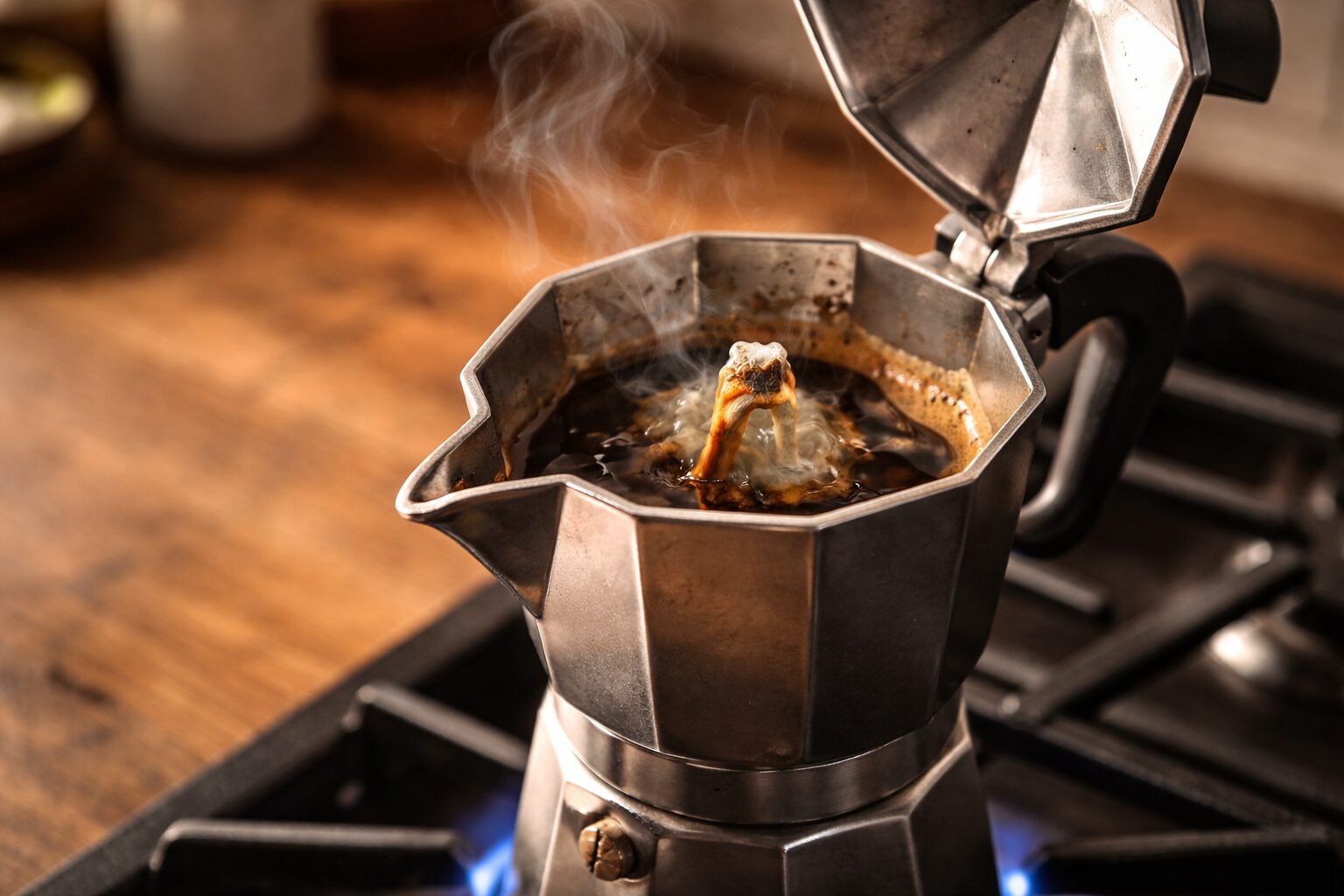 Moka pot brewing concentrated coffee for a latte at home