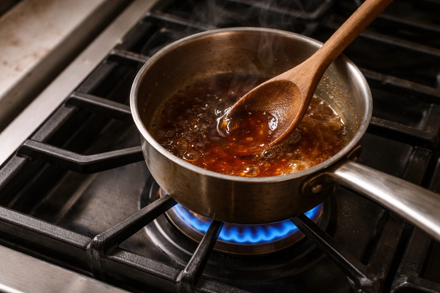 Coffee syrup simmering on the stovetop