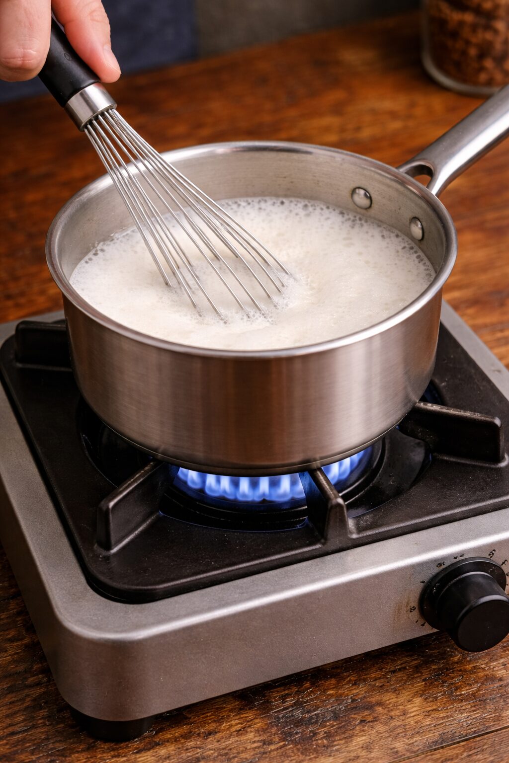 Whisk method of frothing milk — hand whisk in a saucepan with foamy milk