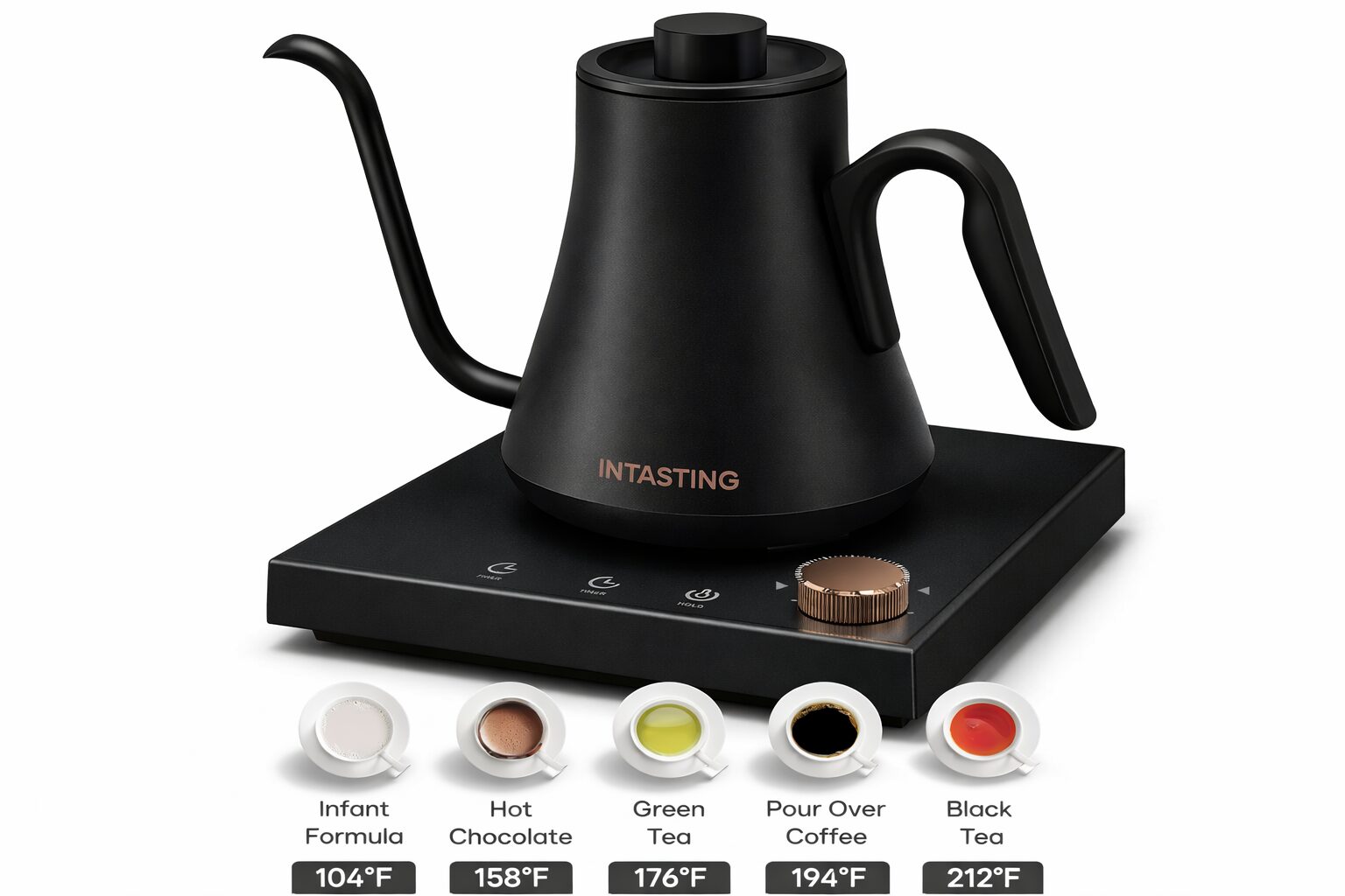 INTASTING gooseneck electric kettle showing different brew temperature settings for coffee and tea