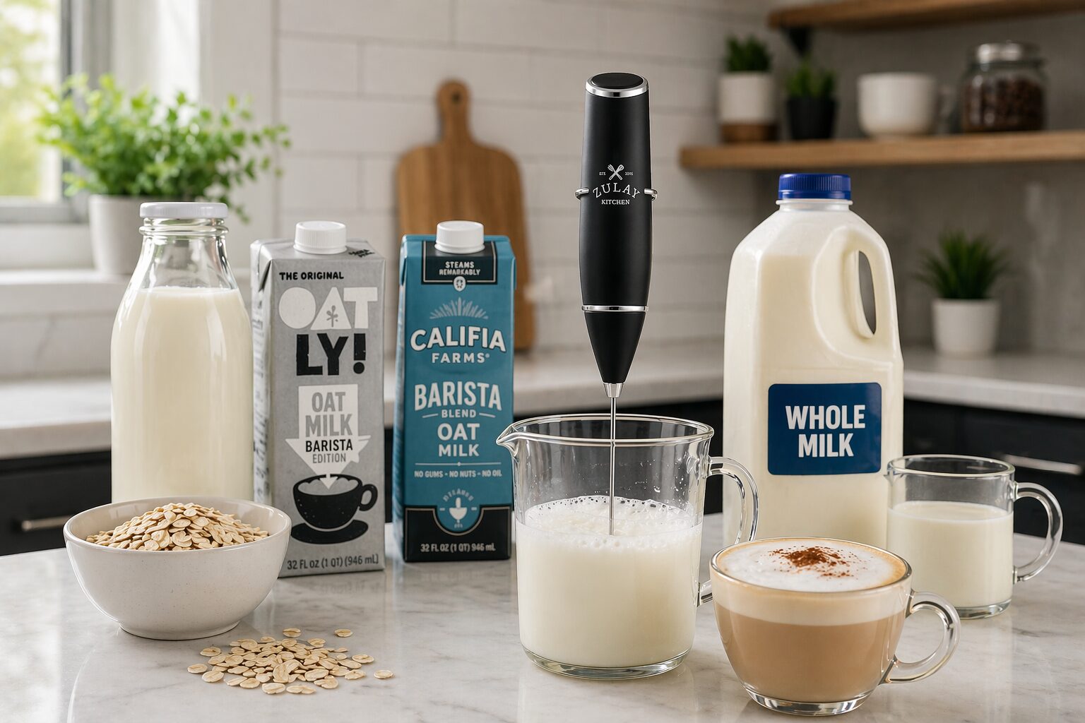 Zulay Kitchen handheld milk frother on a kitchen countertop next to a coffee drink