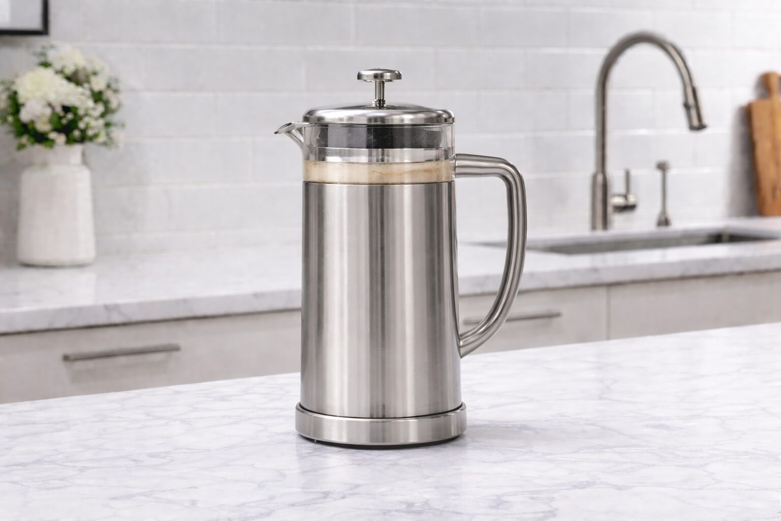 Plastic-free French press — borosilicate glass and stainless steel