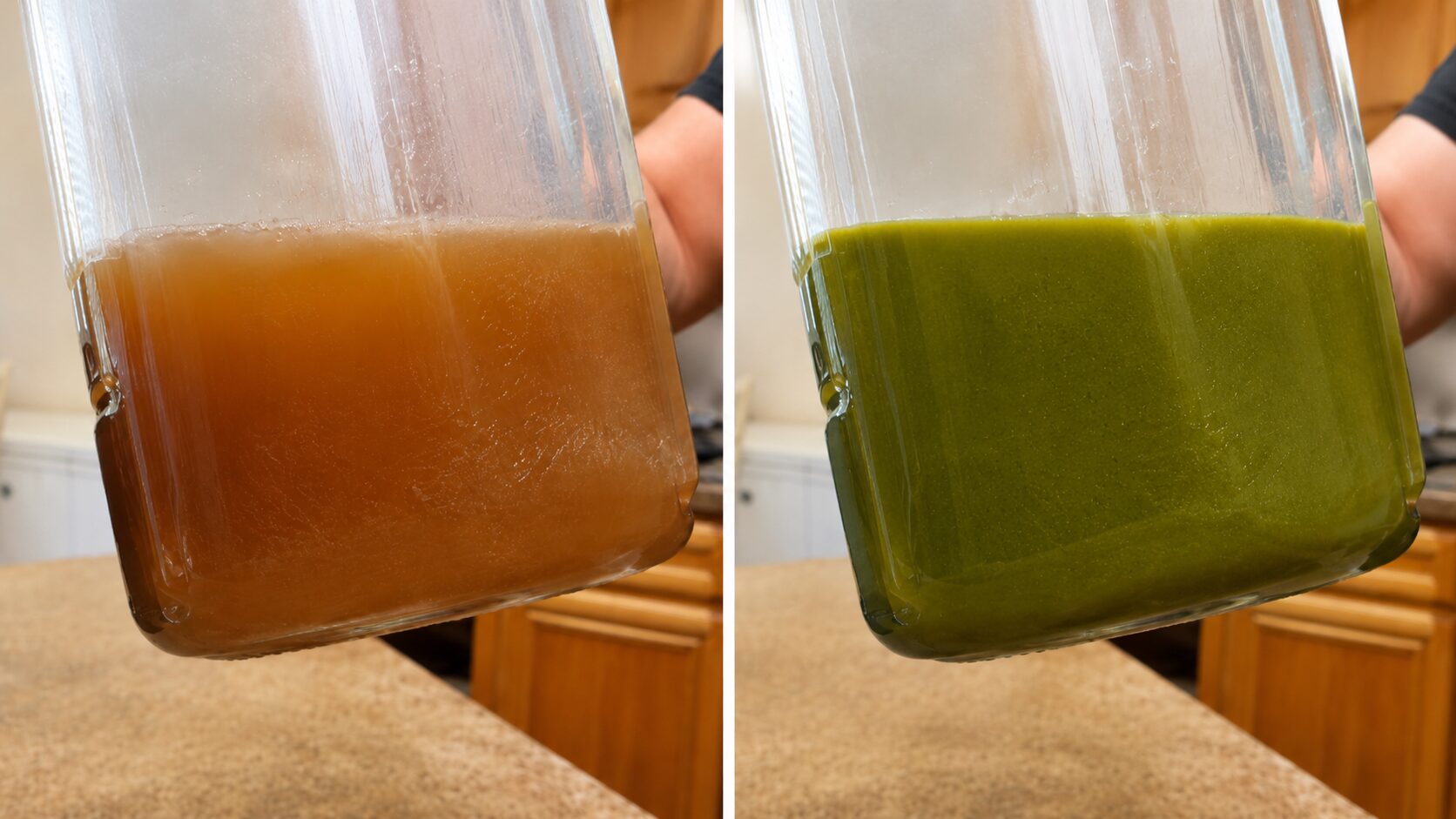 Cloudy steeped pistachio syrup next to vivid green blended pistachio syrup