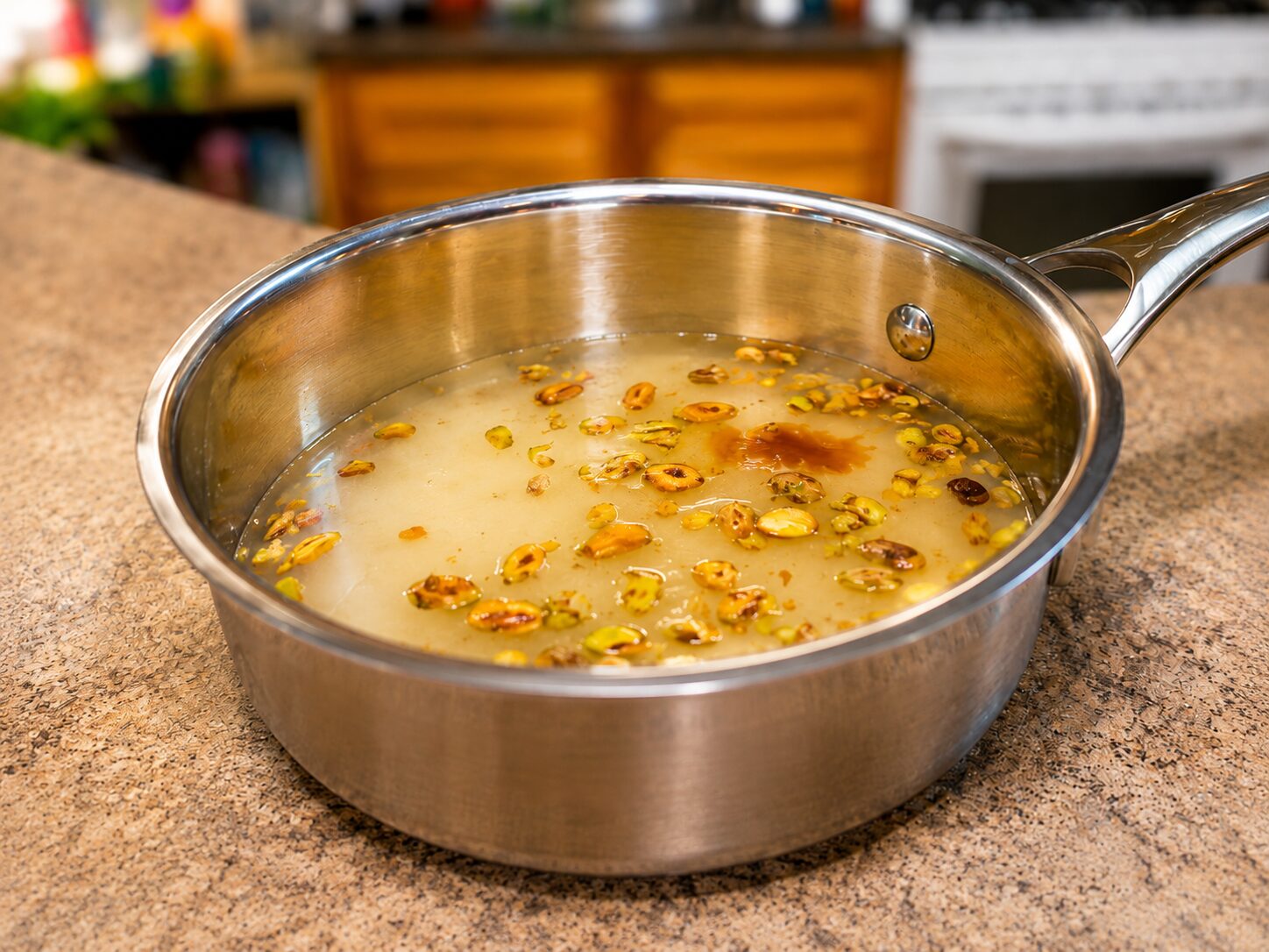 Pistachios, sugar, water, and vanilla simmering together in a saucepan