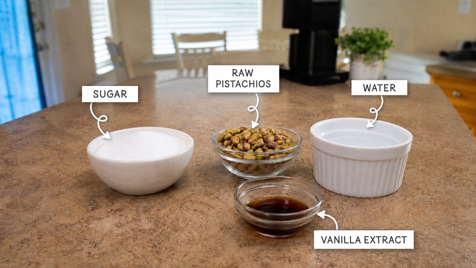 Labeled ingredients for homemade pistachio syrup — pistachios, sugar, water, and vanilla