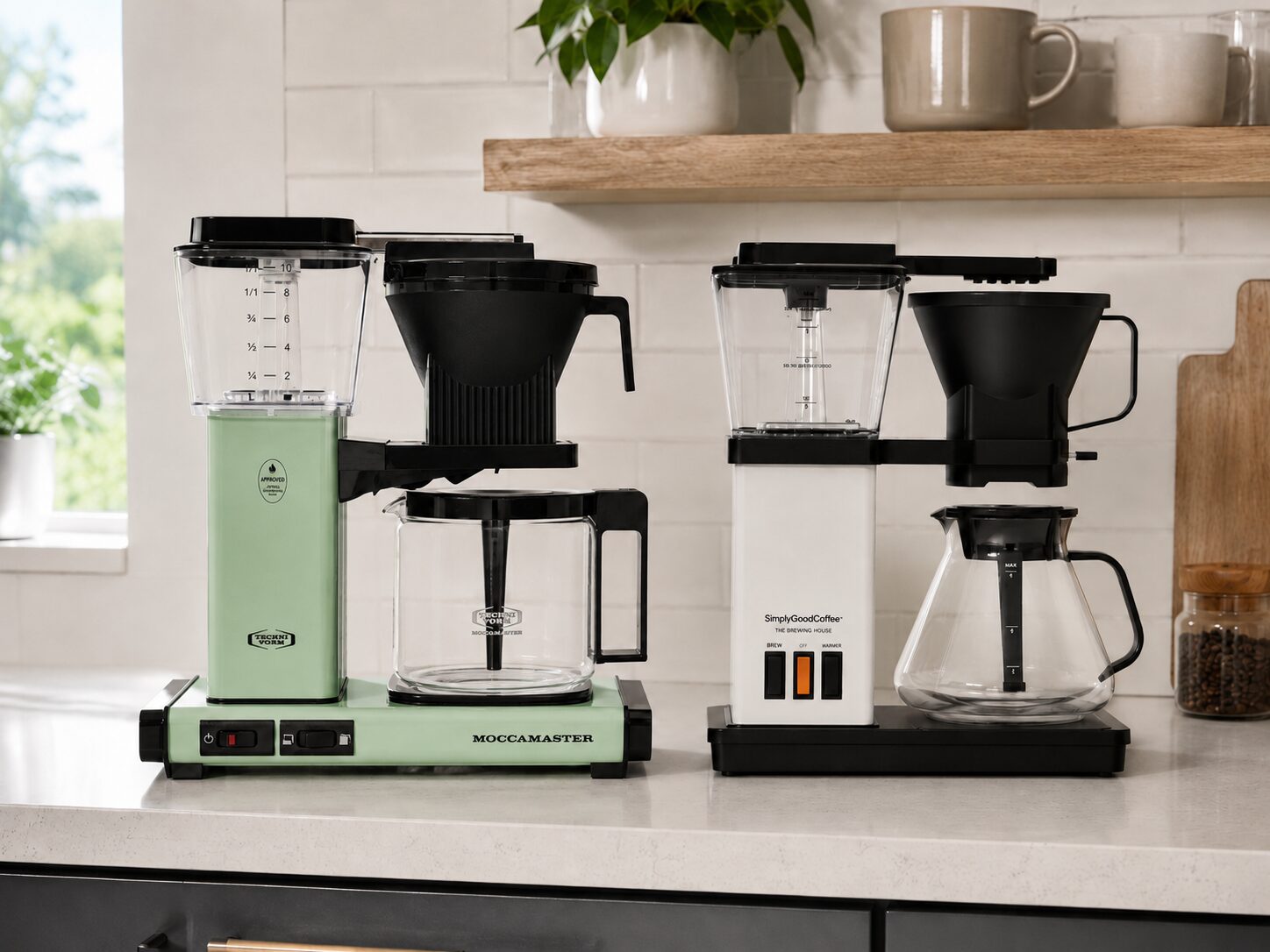 Simply Good Coffee Brewer next to a Technivorm Moccamaster on a kitchen counter