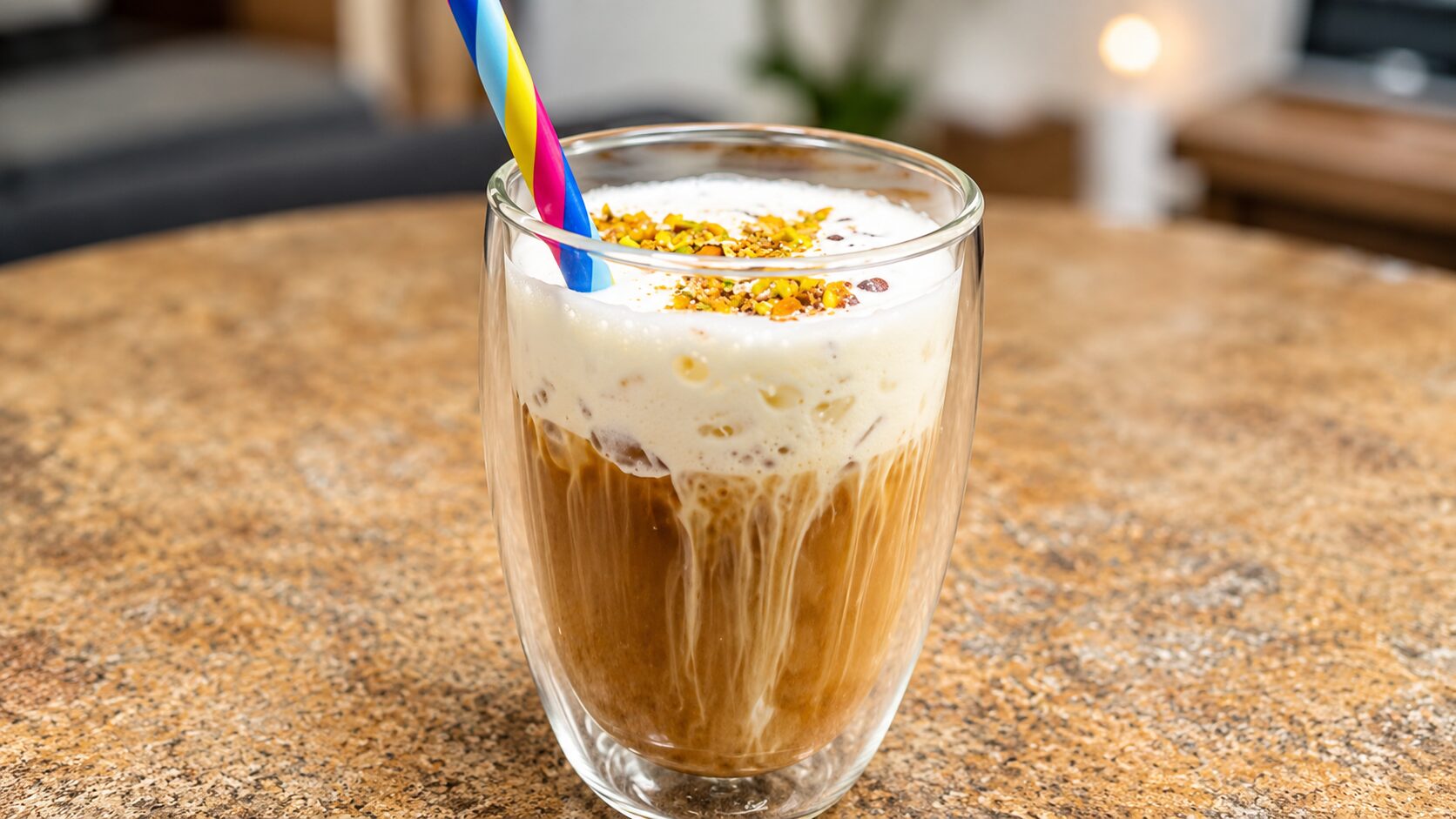 Pistachio sweet cream cold brew made with homemade pistachio syrup