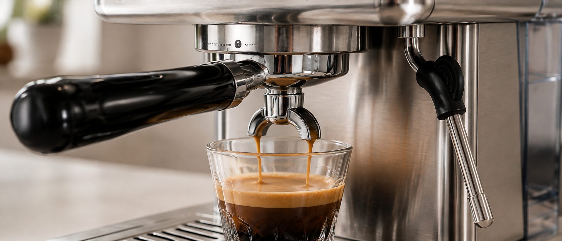 Espresso extracting from the HiBREW H10A with the pressure gauge in view