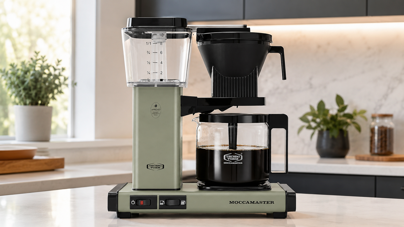 Technivorm Moccamaster KBGV Select on a kitchen counter — SMMA boiler and shower arm, not fully plastic-free