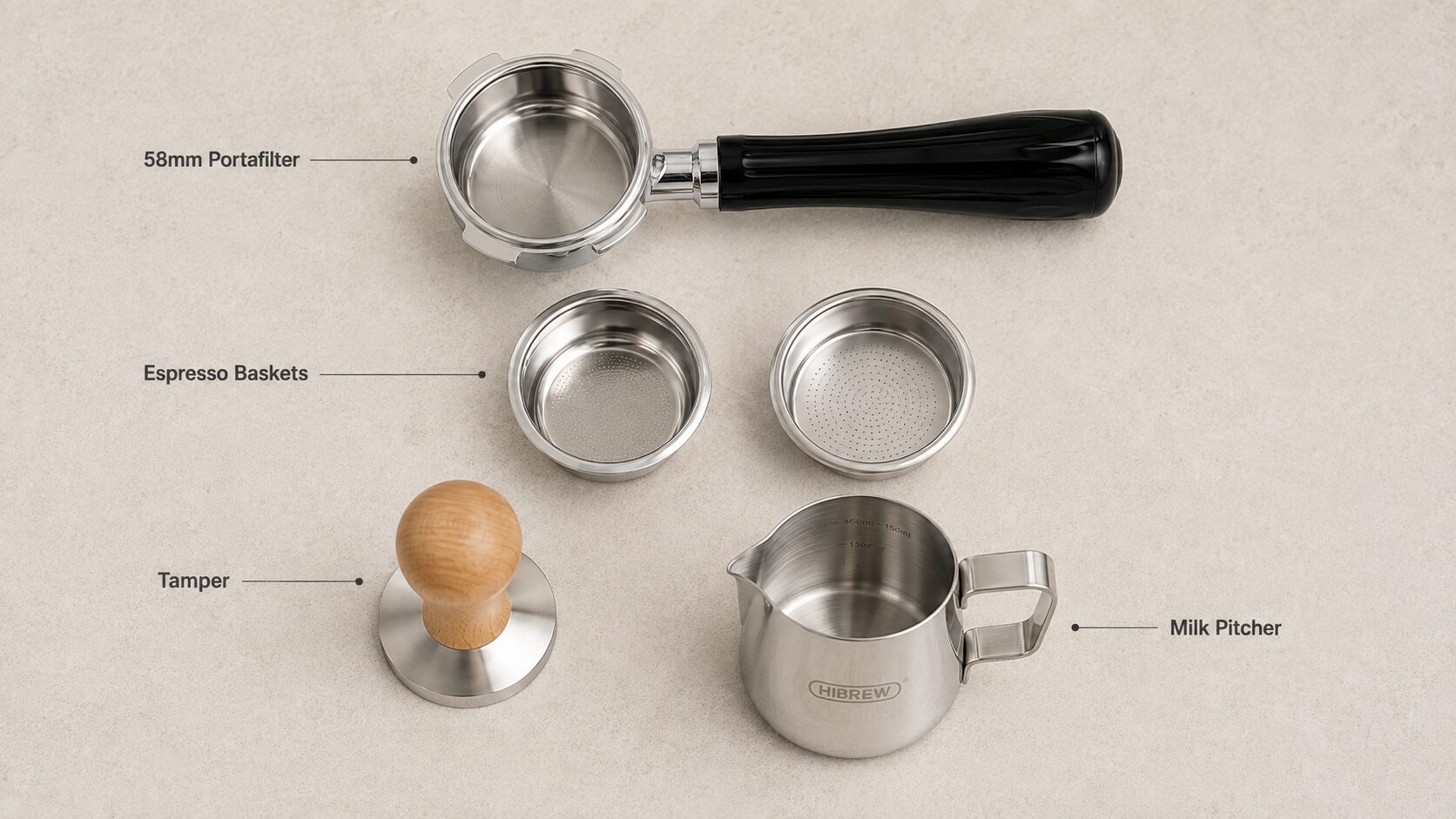HiBREW H10A accessories including 58mm portafilter, baskets and tamper