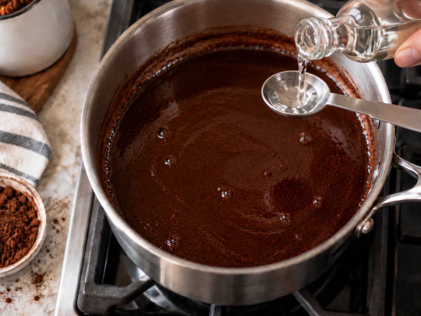 Adding peppermint extract to mocha syrup off the heat