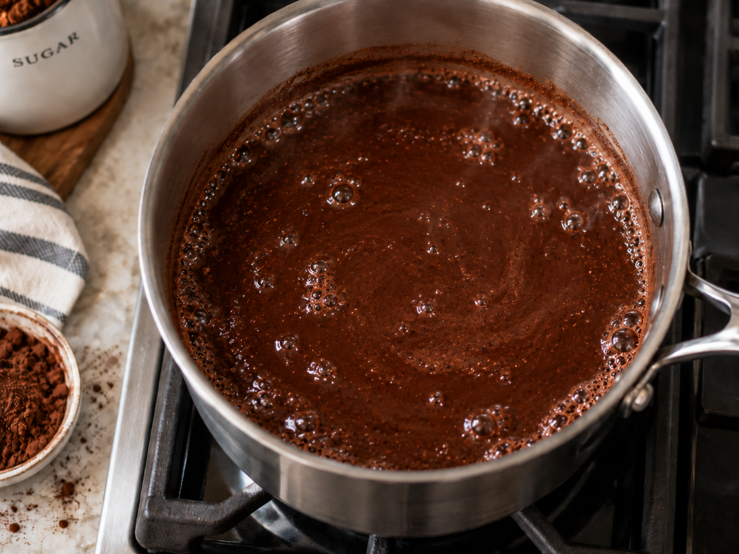 Peppermint mocha syrup coming to a simmer in a saucepan