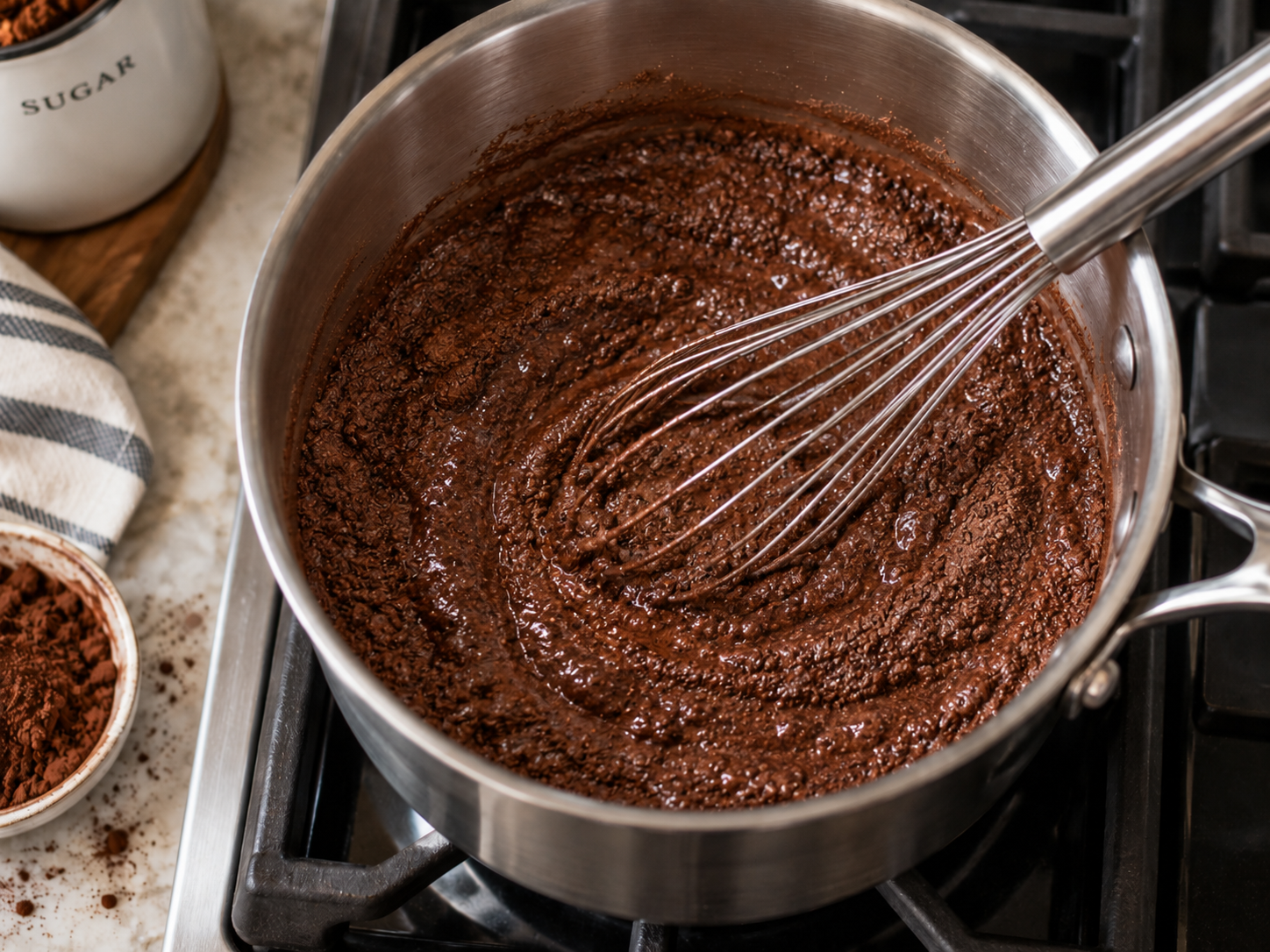 Whisking cocoa powder and sugar together dry in a saucepan