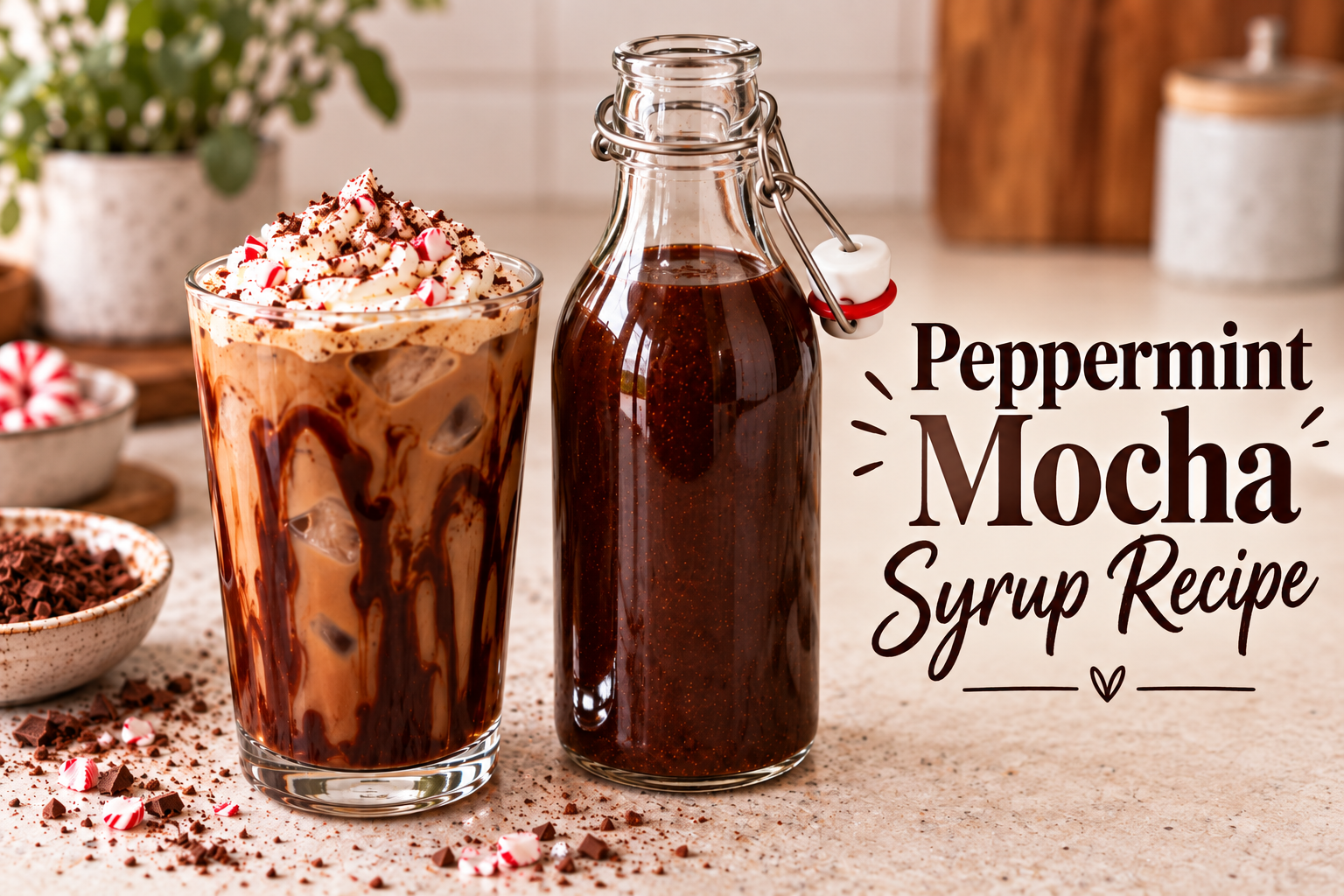 Homemade peppermint mocha syrup next to an iced peppermint mocha