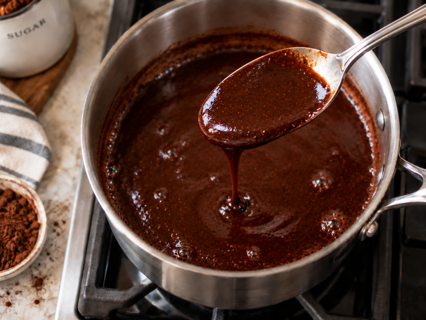 Simmered peppermint mocha syrup coating the back of a spoon