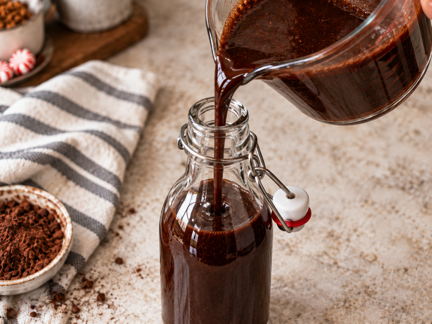 Pouring homemade peppermint mocha syrup into a glass bottle